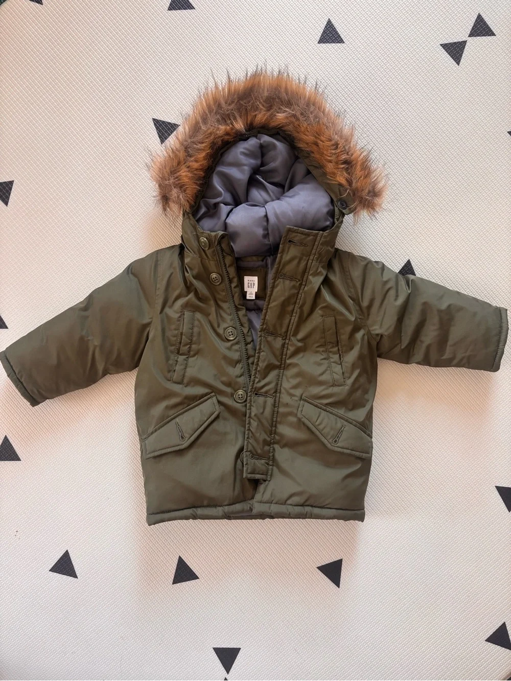GAP Olive Green Toddler Puffer Jacket with Removable Faux Fur Hood Trim